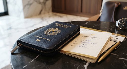 Passport and travel documents on a dark marble surface